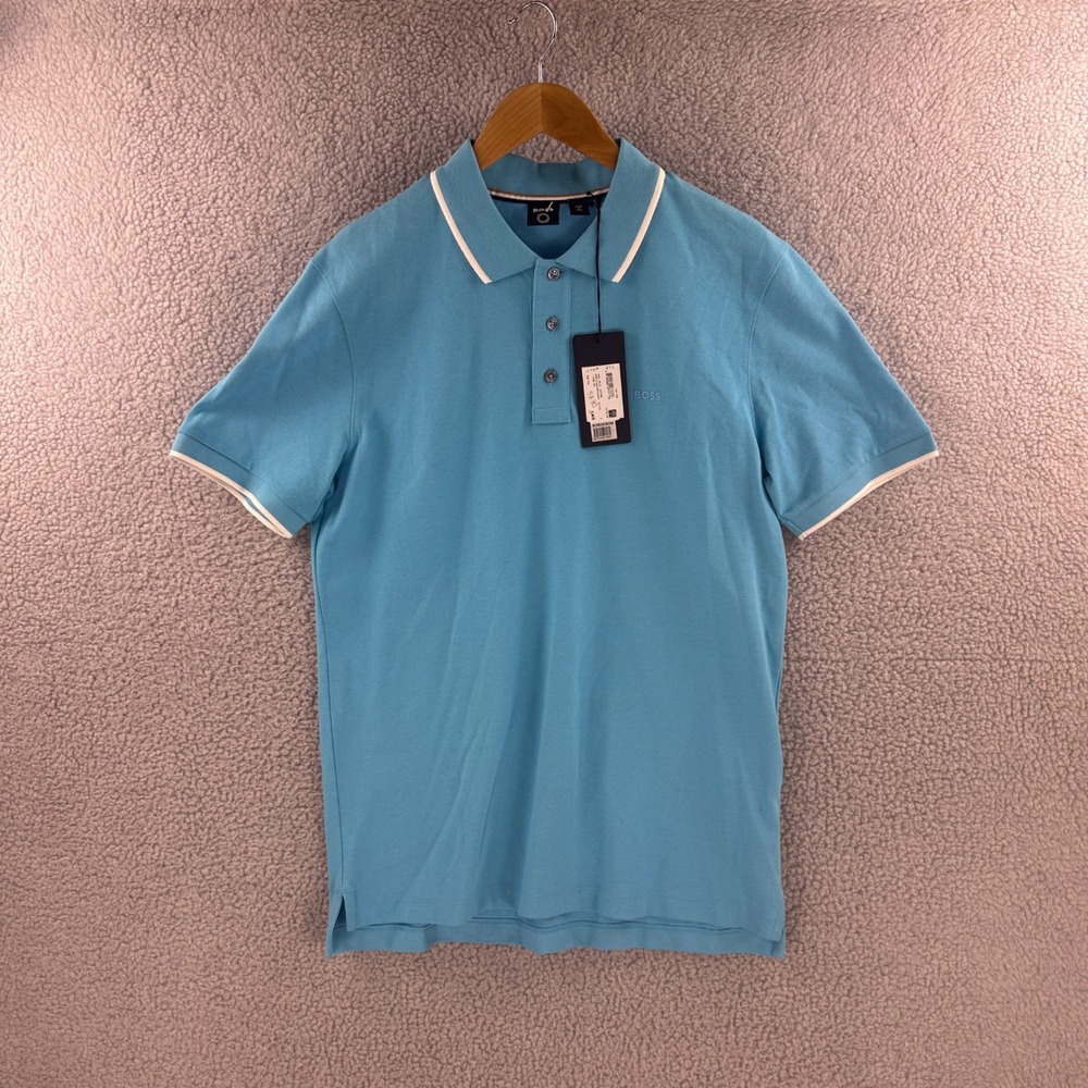 BOSS Hugo Boss Parlay Polo Shirt Mens Large Open Blue Tipped Jersey 50474089 NWT